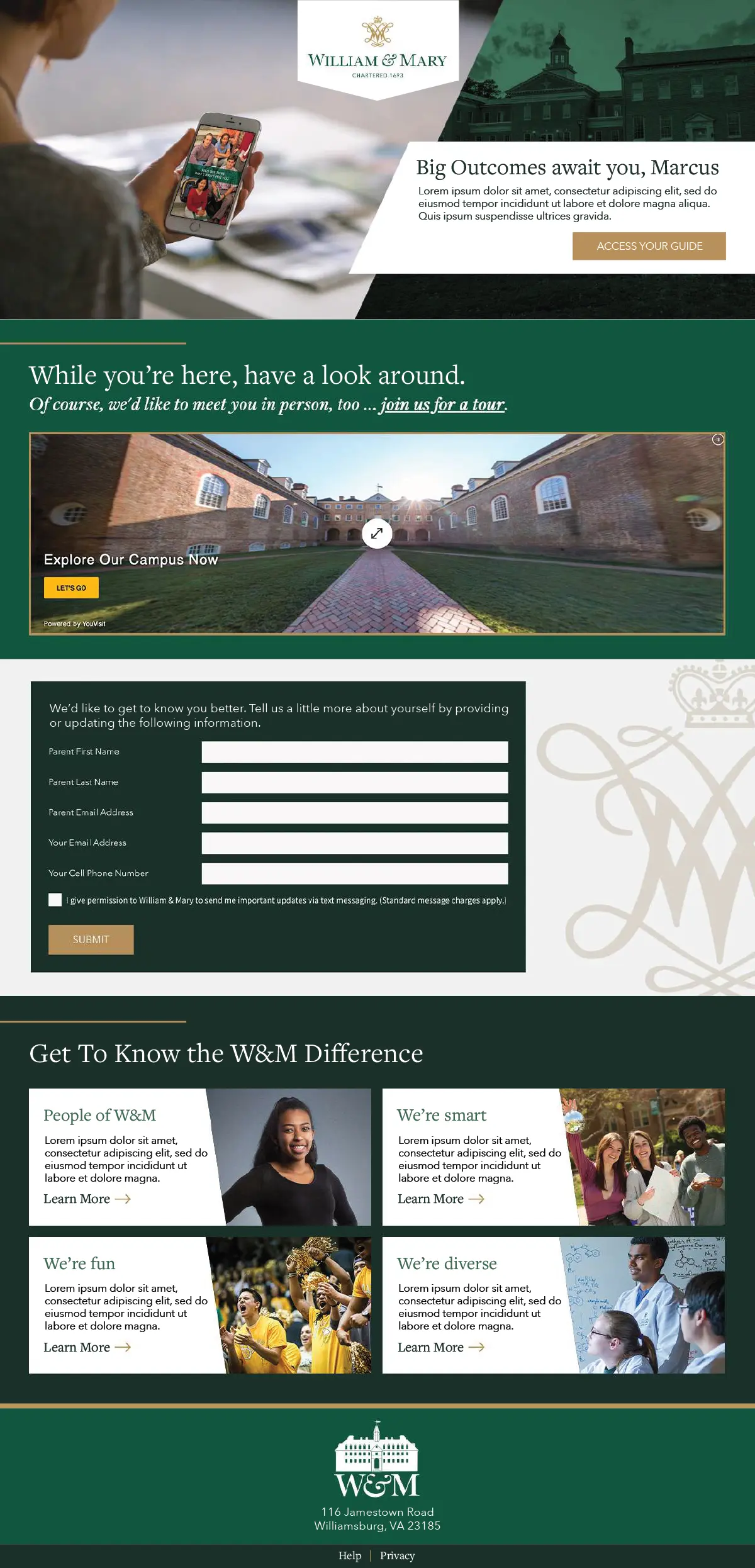 Preview of William & Mary landing page design